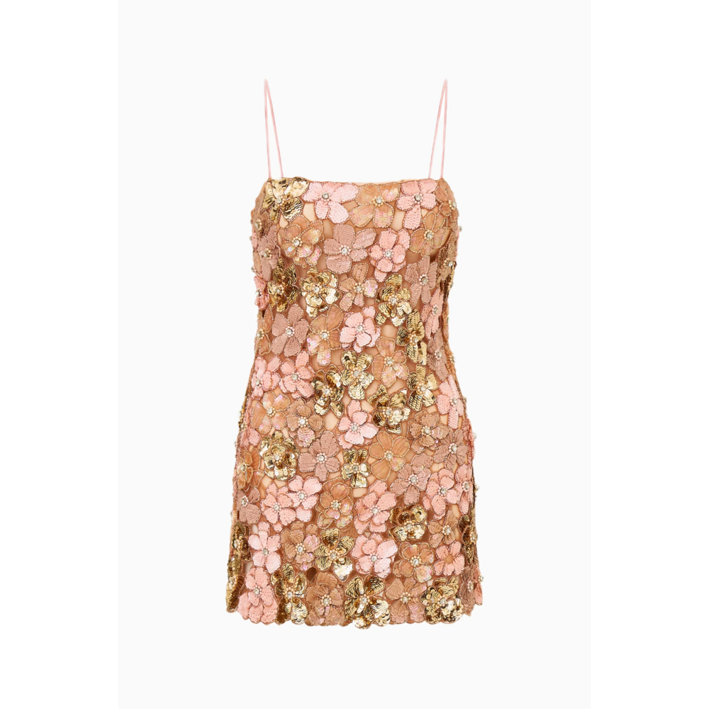 LoveShackFancy Aleria Pink and Gold Sequin Floral Mini Dress - Picture 4 of 14